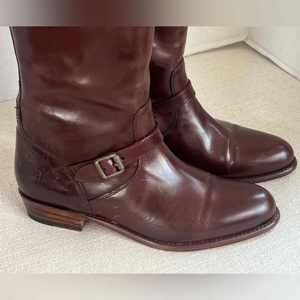 Frye Dorado Buckle Brown Tall Leather Boots 8 Box says 8.5 - Picture 6 of 15